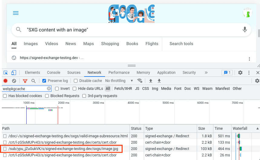 Google Search results with DevTools Network tab, showing a prefetch of /sub/…/image.jpg