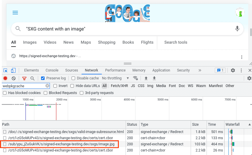 Hasil Google Penelusuran dengan tab Jaringan DevTools, menampilkan pengambilan data /sub/.../image.jpg