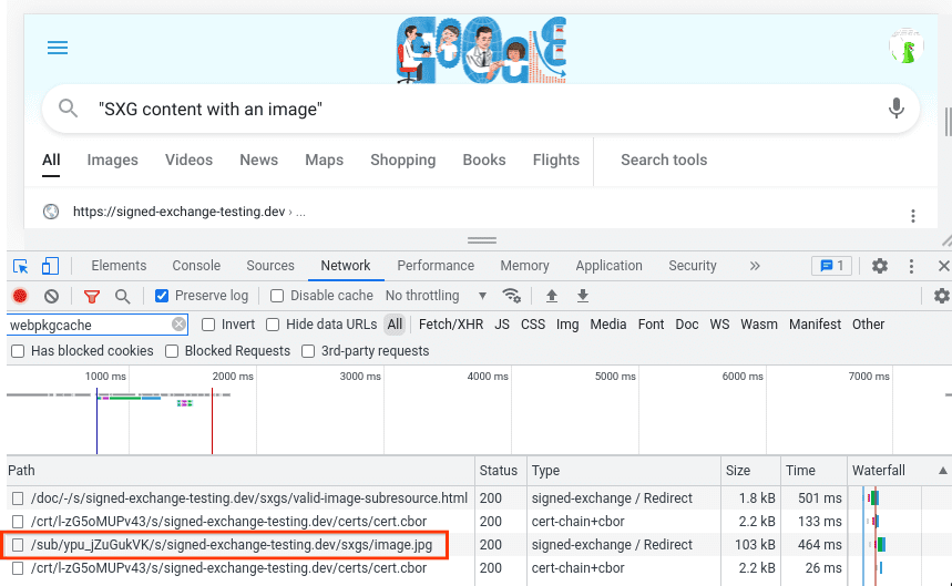 DevTools 네트워크 탭이 있는 Google 검색 결과로, /sub/…/image.jpg의 미리 로드가 표시됨