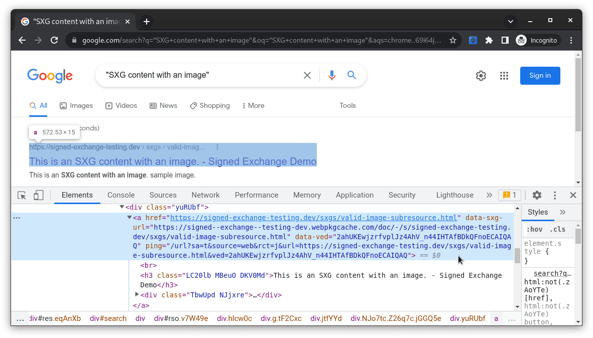 Geliştirici Araçları&#39;nın webpkgcache.com adresini işaret eden bir bağlantı etiketi gösterdiği Google Arama sonuçları