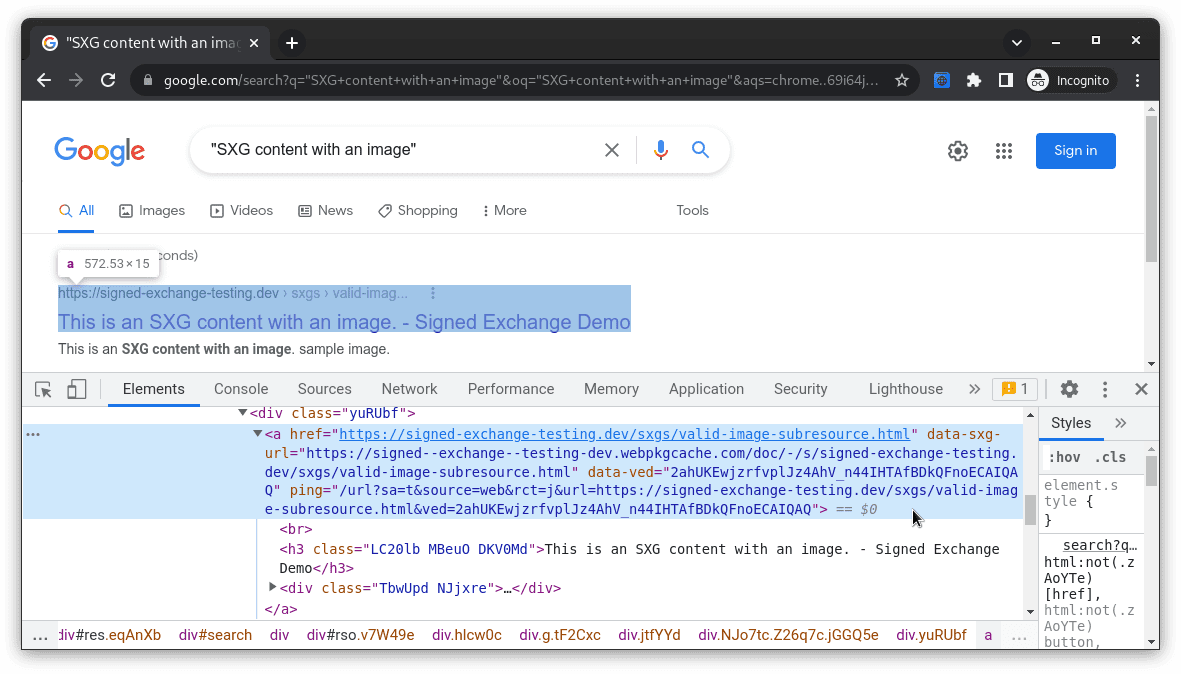 Résultats de recherche Google avec les outils de développement affichant une balise d'ancrage pointant vers webpkgcache.com