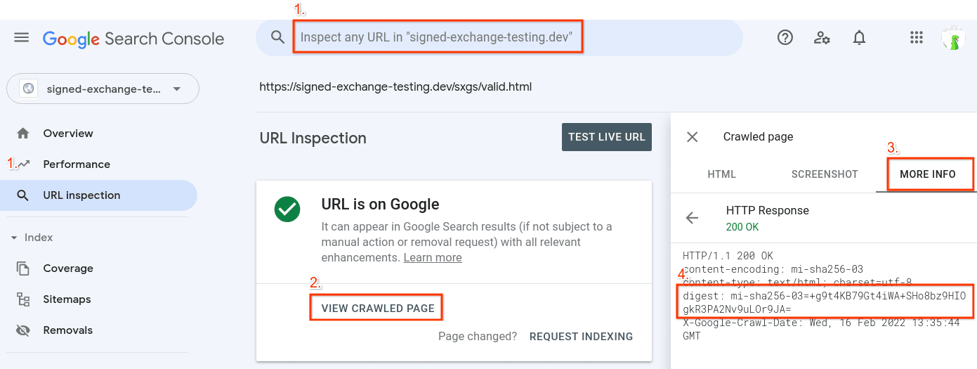 Search Console URL Inspection tool, clicking View Crawled Page and then More Info
