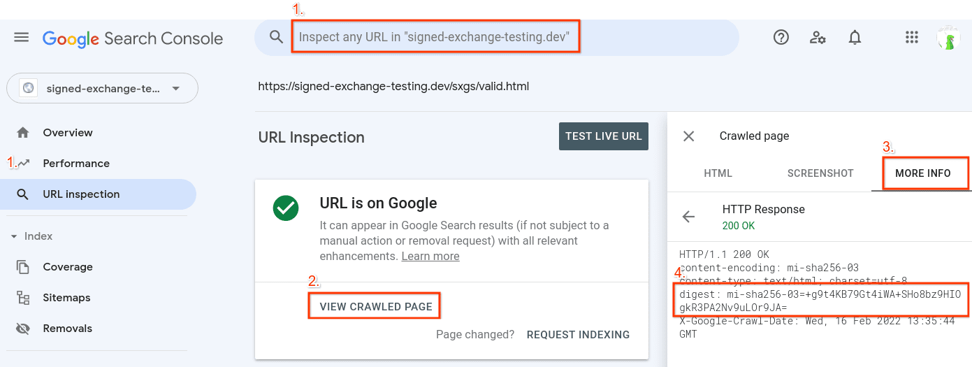 เครื่องมือตรวจสอบ URL ของ Search Console โดยคลิก "ดูหน้าที่ทำการ Crawl" แล้วคลิก "ข้อมูลเพิ่มเติม"