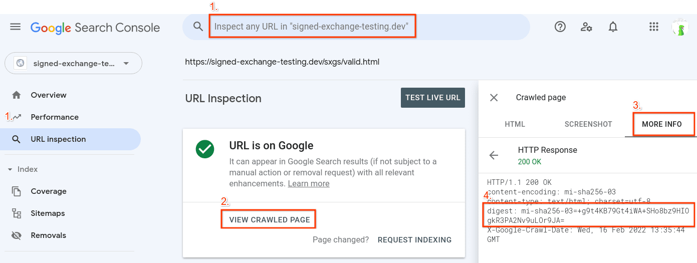 Alat Inspeksi URL Search Console, mengklik Lihat Halaman yang Di-crawl, lalu Info Selengkapnya