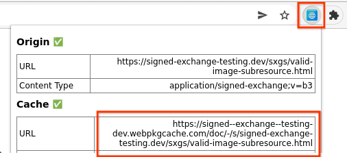 SXG Validator showing cache information including URL
