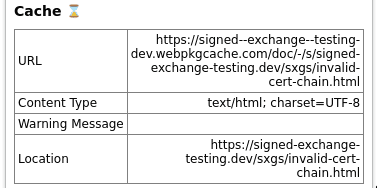 SXG Validator ที่แสดงนาฬิกาทราย (⌛) และไม่มีข้อความเตือน