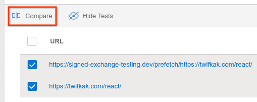 Historique des tests avec deux tests sélectionnés et le bouton "Comparer" mis en surbrillance