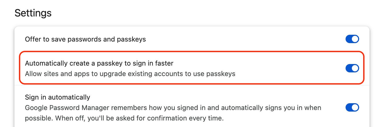 Settings showing the option to turn off automatic passkey creation
