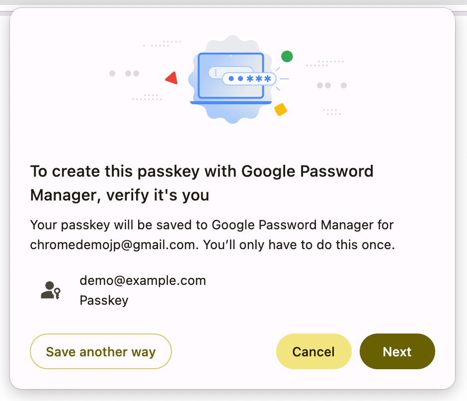 Quando viene creata per la prima volta una passkey in Gestore delle password di Google su Chrome su Windows, macOS o Linux, gli utenti vedono questa finestra di dialogo.