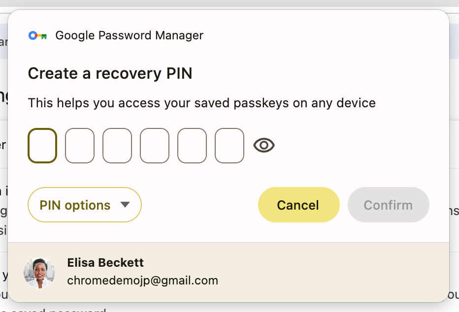 Quando un utente salva la sua prima passkey in Gestore delle password di Google su Windows, macOS o Linux, gli verrà chiesto di creare un PIN di Gestore delle password di Google.