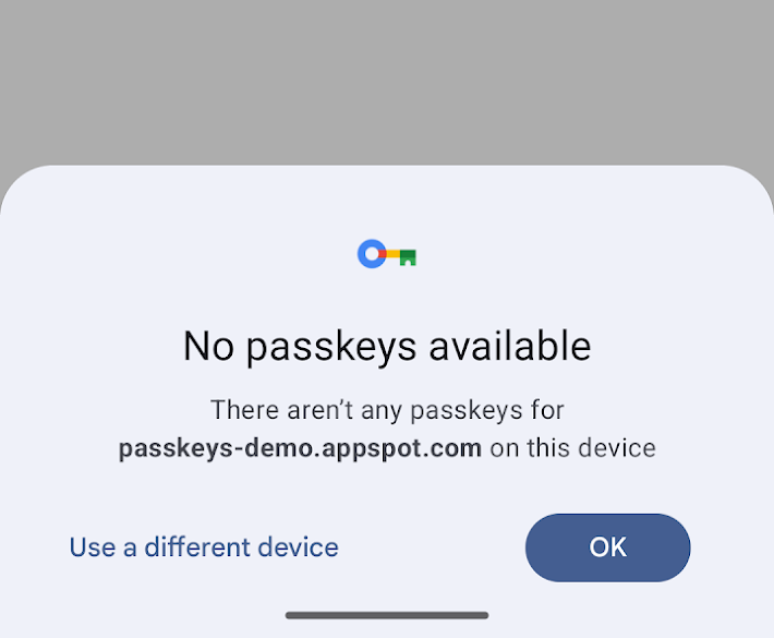 The new passkey dialog shows a Use a different device option when no passkeys are available.
