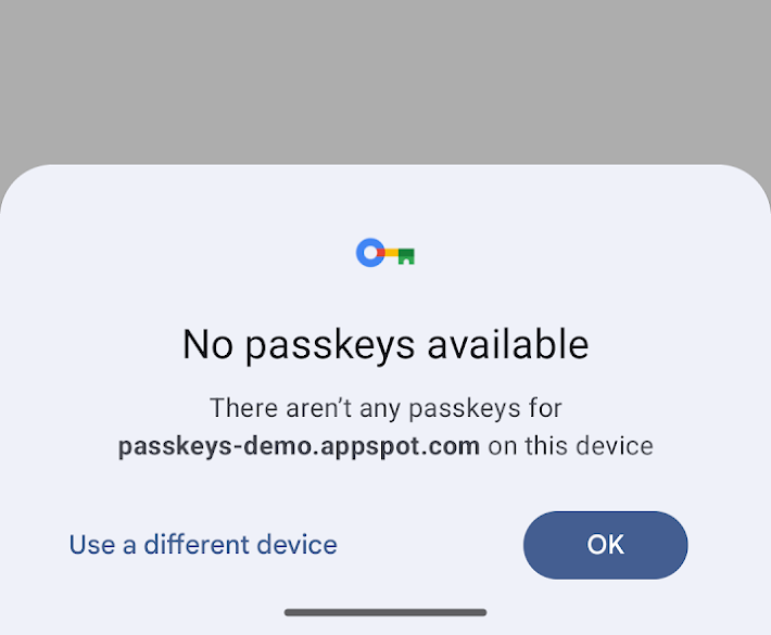 กล่องโต้ตอบพาสคีย์ใหม่จะแสดงตัวเลือก &quot;ใช้อุปกรณ์อื่น&quot; เมื่อไม่มีพาสคีย์ที่ใช้งานได้
