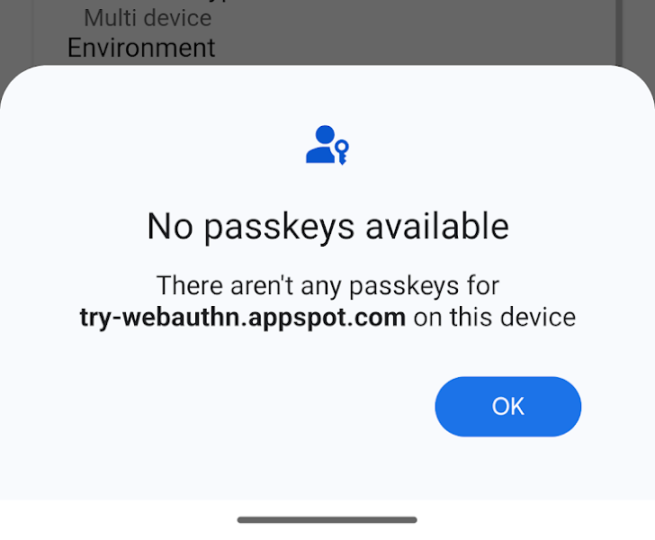 When no passkeys are found, the existing passkey dialog simply shows the OK button.