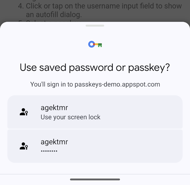 La finestra di dialogo di accesso alle passkey esistenti tramite Google Play Services.