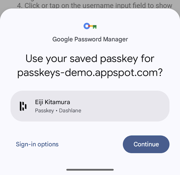 Misalnya, dialog login kunci sandi saat pengguna memilih Dashlane sebagai pengelola sandi.
