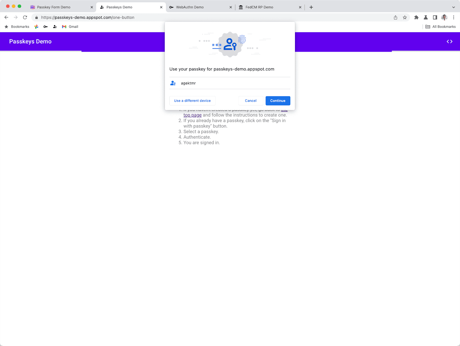 Okno klucza dostępu w Chrome umożliwiające logowanie się przy użyciu klucza dostępu zapisanego w profilu Chrome.