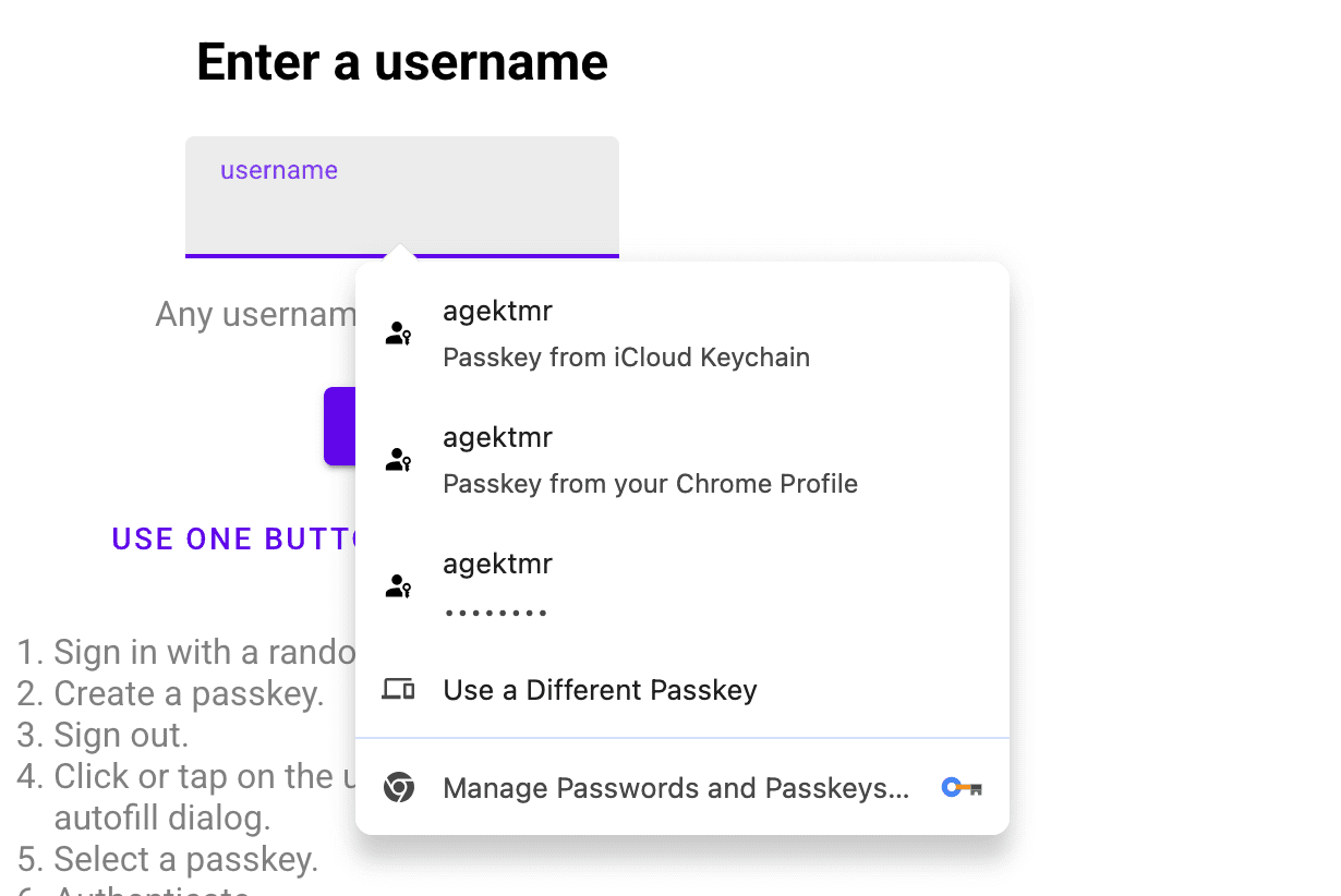 Form autofill suggests passkeys from both iCloud Keychain and the Chrome profile.