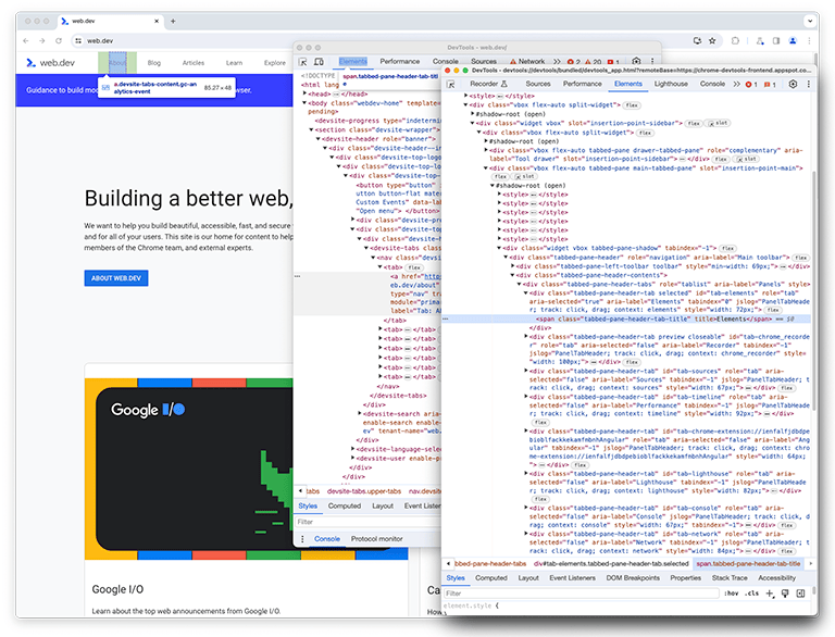 DevTools 자체의 요소를 검사하는 DevTools 인스턴스의 스크린샷