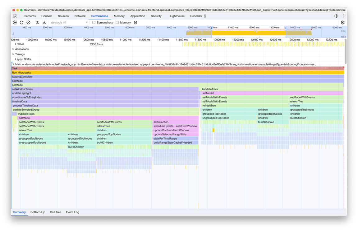 Captura de pantalla del panel de rendimiento que muestra varias tareas repetitivas que se ejecutan incluso si no son necesarias. Estas tareas podrían aplazarse para ejecutarse a pedido, en lugar de hacerlo de manera anticipada.