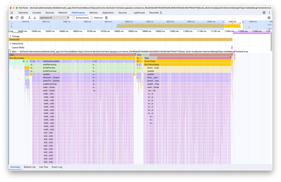 A screenshot of the performance panel showing the six separate function calls for generating the same trace minimap reduced to only two times.