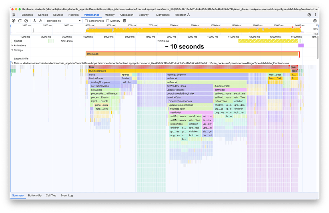 Capture d&#39;écran du panneau &quot;Performances&quot; montrant le chargement de la trace avant les optimisations. Le processus a pris environ dix secondes.