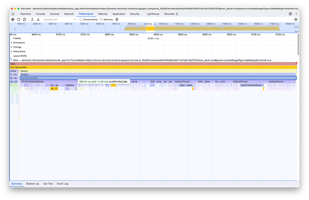 Capture d&#39;écran du panneau &quot;Performances&quot; dans les outils de développement inspectant une autre instance du panneau &quot;Performances&quot; Une tâche associée à la fonction buildProfileCalls prend environ 0,5 seconde.