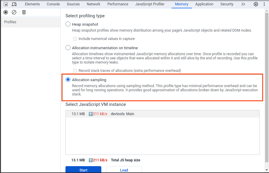 Captura de pantalla del estado inicial del Generador de perfiles de memoria. El &quot;muestreo de asignación&quot; está destacada con un cuadro rojo e indica que esta opción es la mejor para la generación de perfiles de memoria en JavaScript.