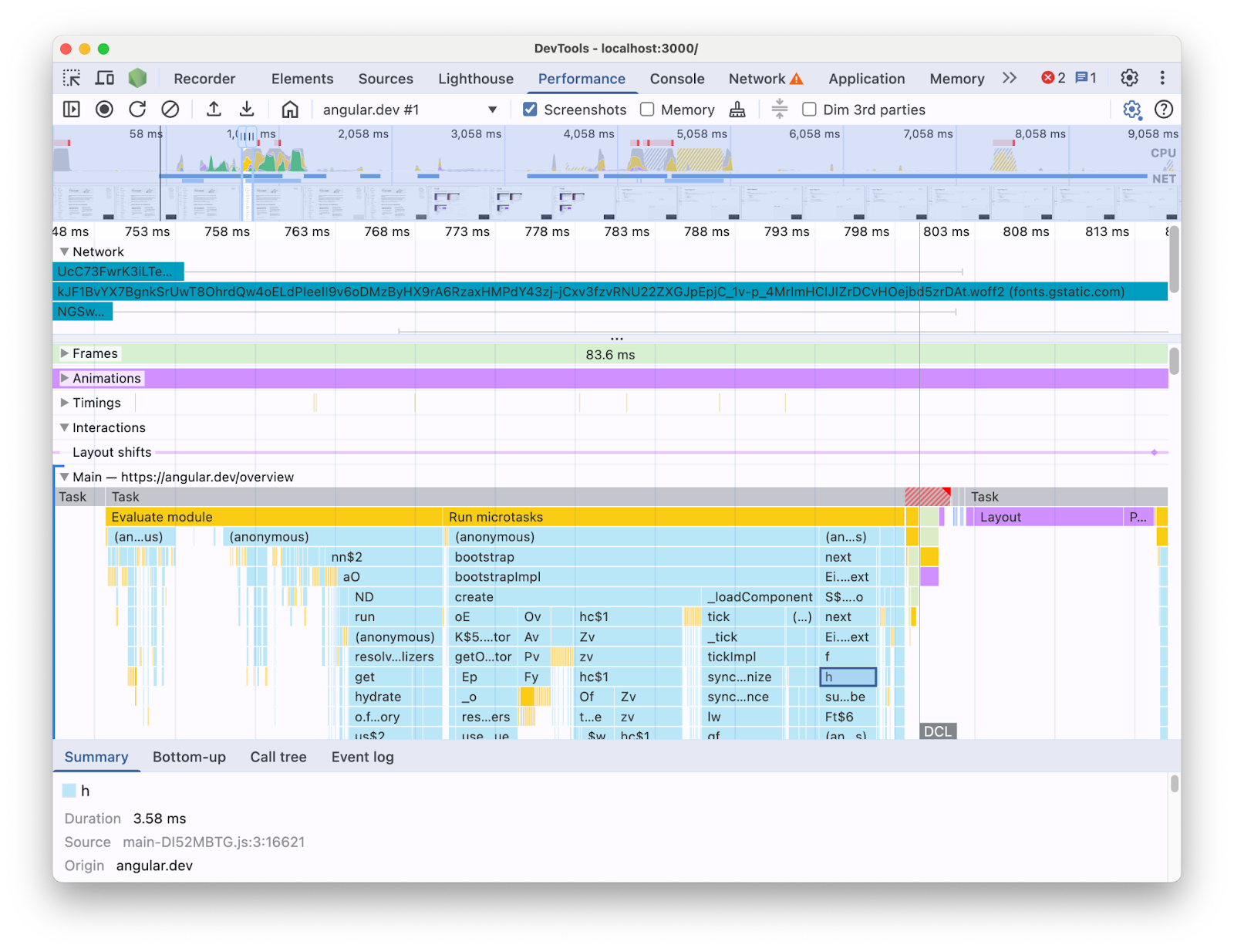 Tampilan rekaman aktivitas panel Performa yang menampilkan linimasa pemuatan halaman yang diperoleh dari aplikasi Angular. Tampilan ini berfokus pada jalur Main thread yang diperluas, yang menampilkan flamechart panggilan JavaScript dengan nama yang di-minify.
