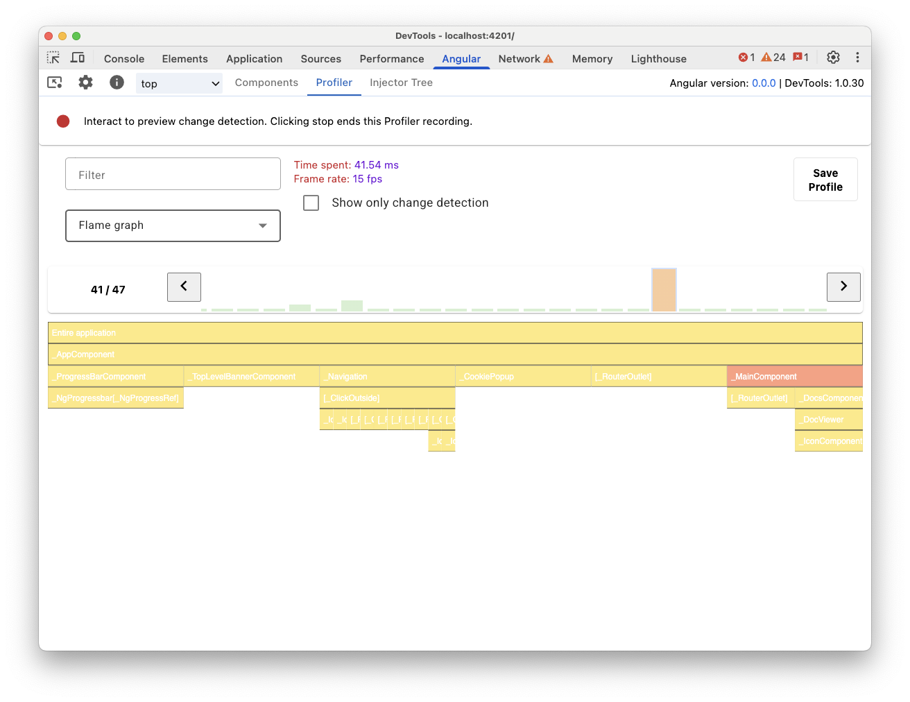 Angular DevTools の [Profiler] タブ。Angular アプリのランタイムのフレームグラフが表示されています。フレームグラフを構成する項目には、Angular コンポーネント名に似た読みやすいラベルが付いています。