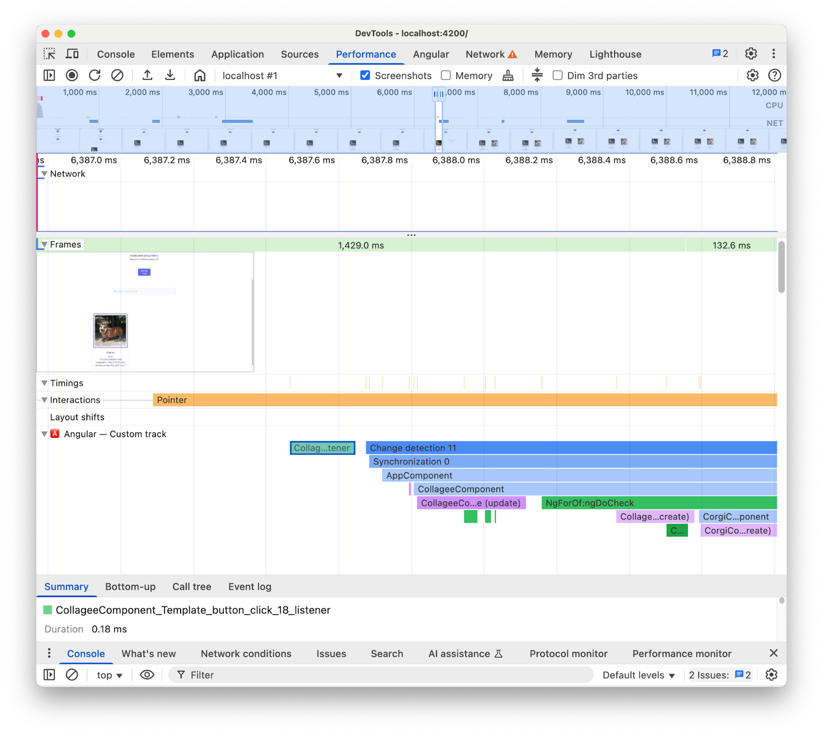 The Performance panel trace view. It focuses on the expanded custom track called 'Angular' which contains a flamechart with measurements with different colors that represent the runtime activity of an Angular app in a developer friendly manner.