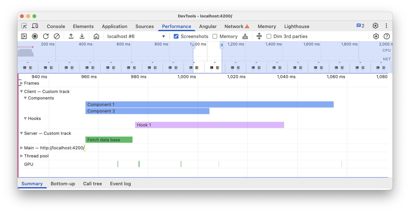 A visualização de rastreamento do painel "Performance". Ele se concentra nas várias faixas personalizadas expandidas, cada uma com diferentes medições internas.