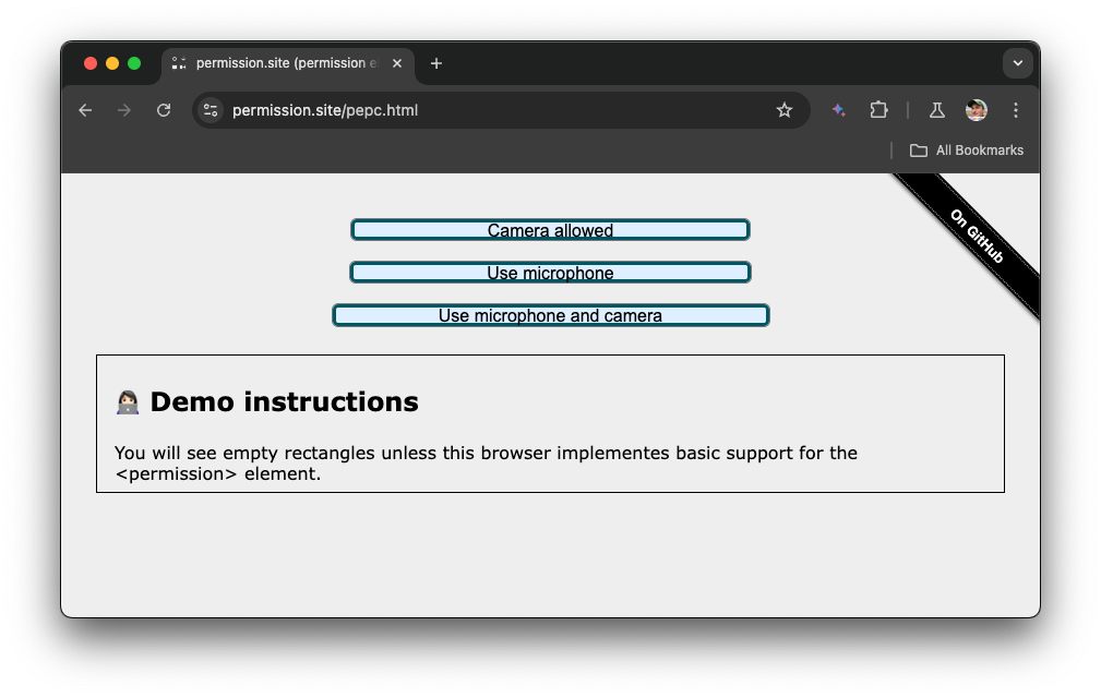 Demo elemen izin yang menampilkan tiga tombol izin.