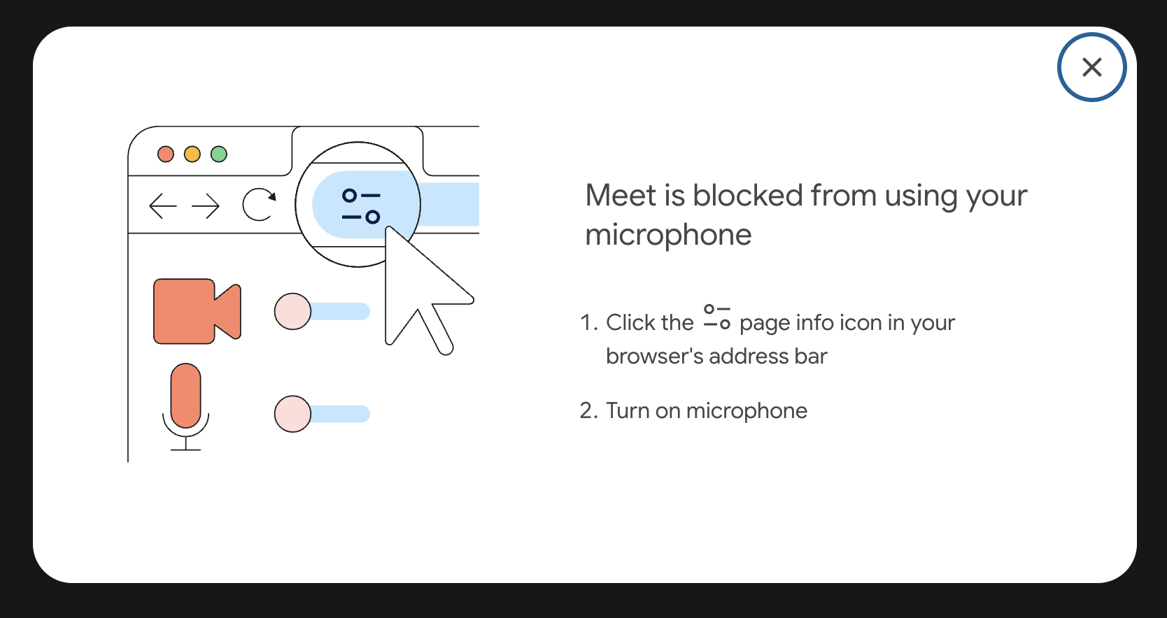Instrucciones de Google Meet para abrir los controles de sitios de Chrome.
