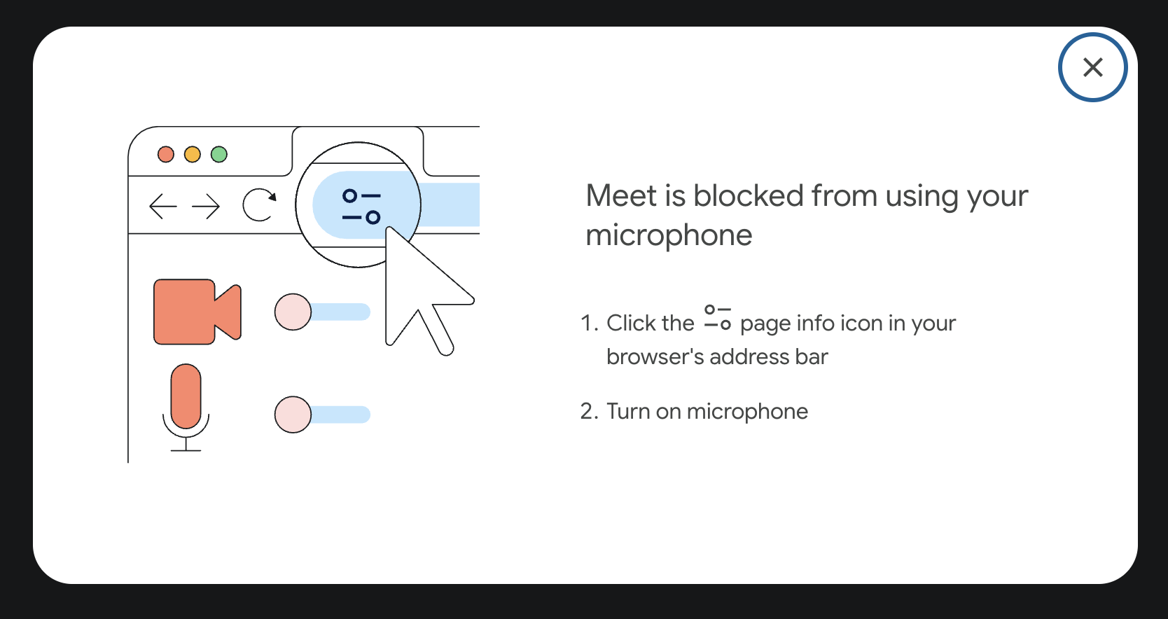 Chrome 사이트 제어 기능을 여는 방법에 관한 Google Meet 안내입니다.