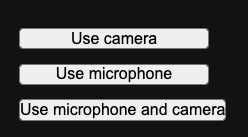 Vari pulsanti di elementi di autorizzazione con le autorizzazioni per fotocamera, microfono e fotocamera, oltre alle autorizzazioni per il microfono.