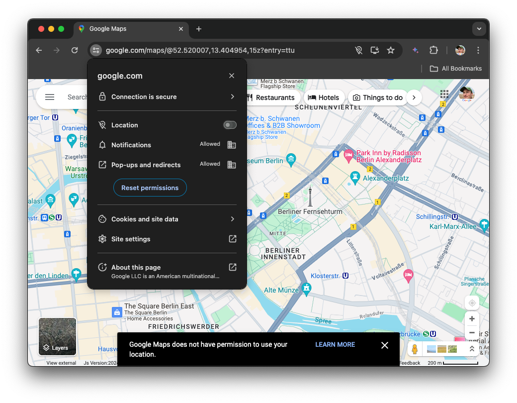 Chrome настраивает Google Maps для отзыва разрешений.