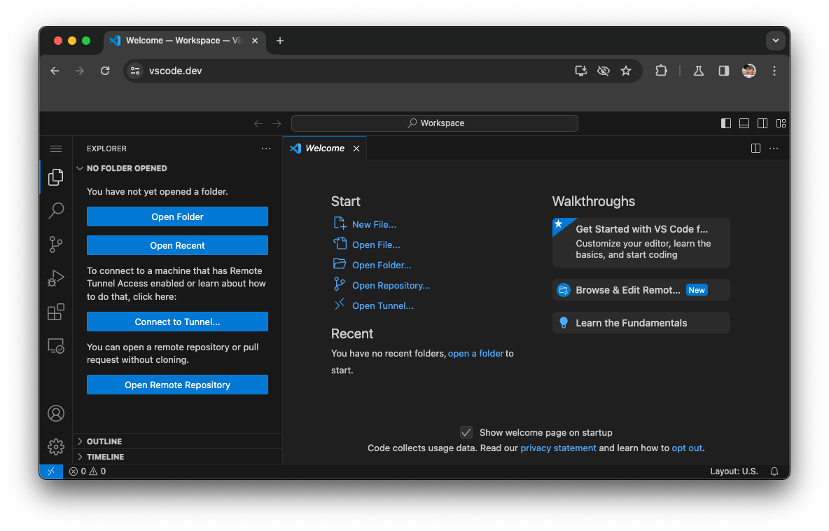 Der Willkommensbildschirm von Visual Studio Code.