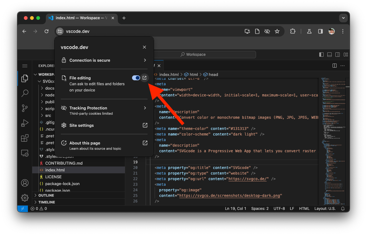 Visual Studio Code site settings with file editing icon.