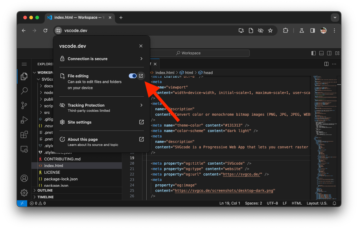 Visual Studio Code のサイト設定とファイル編集アイコン。