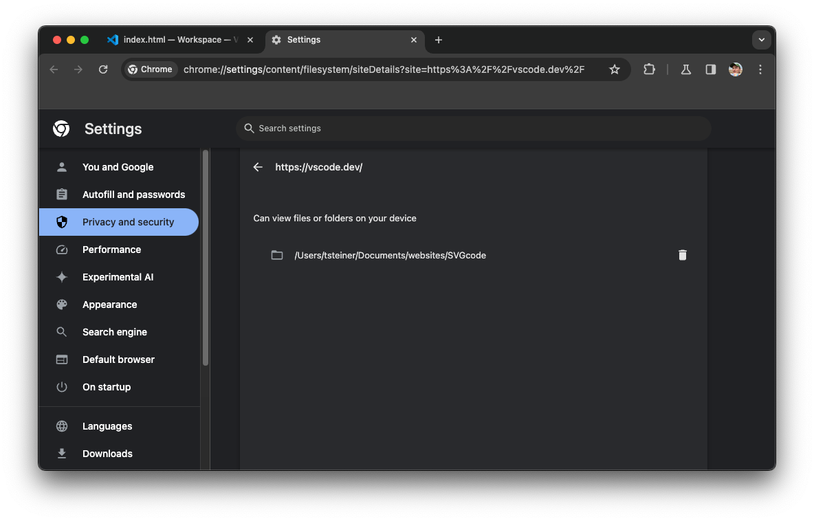 Chrome privacy and security settings for the vscode.dev site.