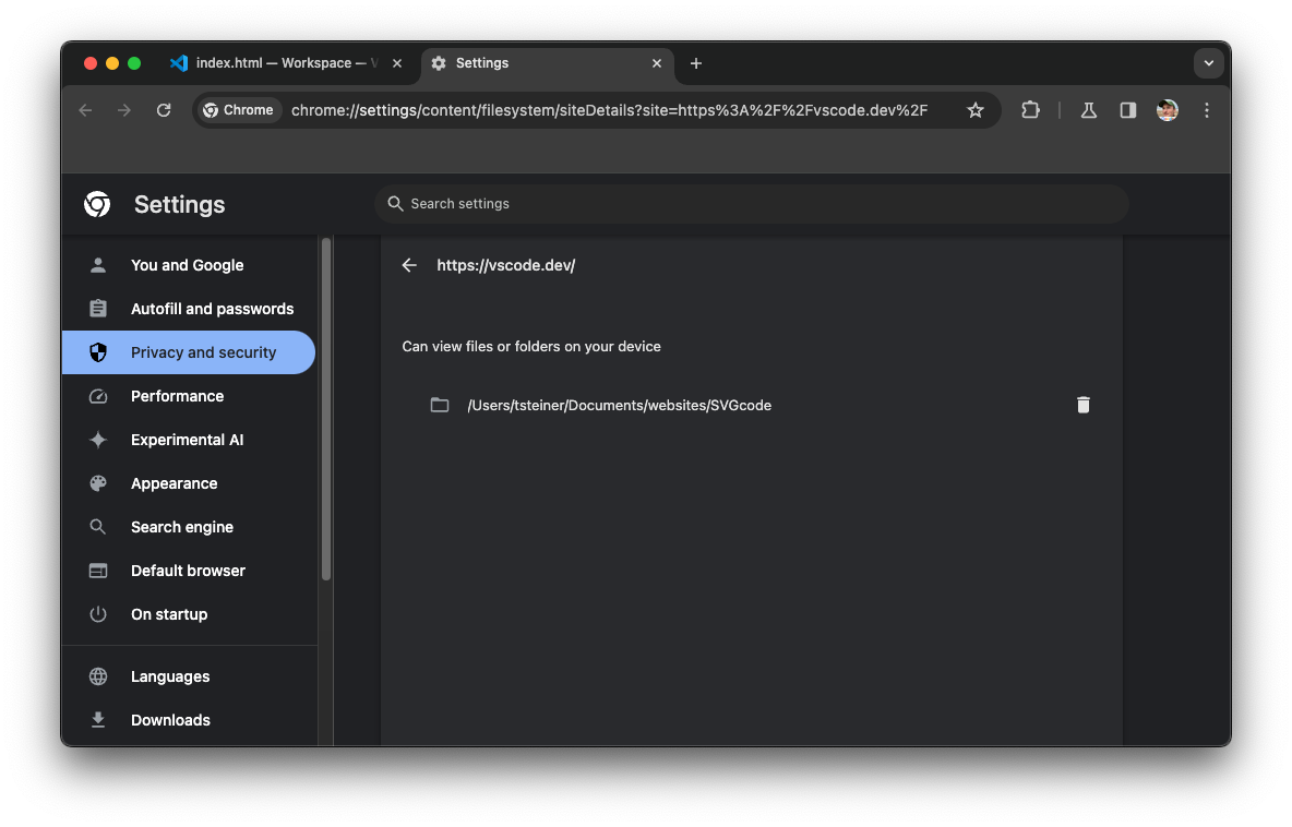 הגדרות הפרטיות והאבטחה של Chrome באתר vscode.dev.