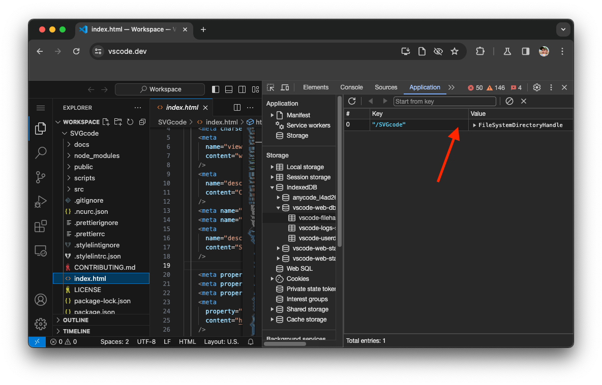 Chrome DevTools debugging Visual Studio Code showing the IndexedDB section with the stored FileSystemHandle.