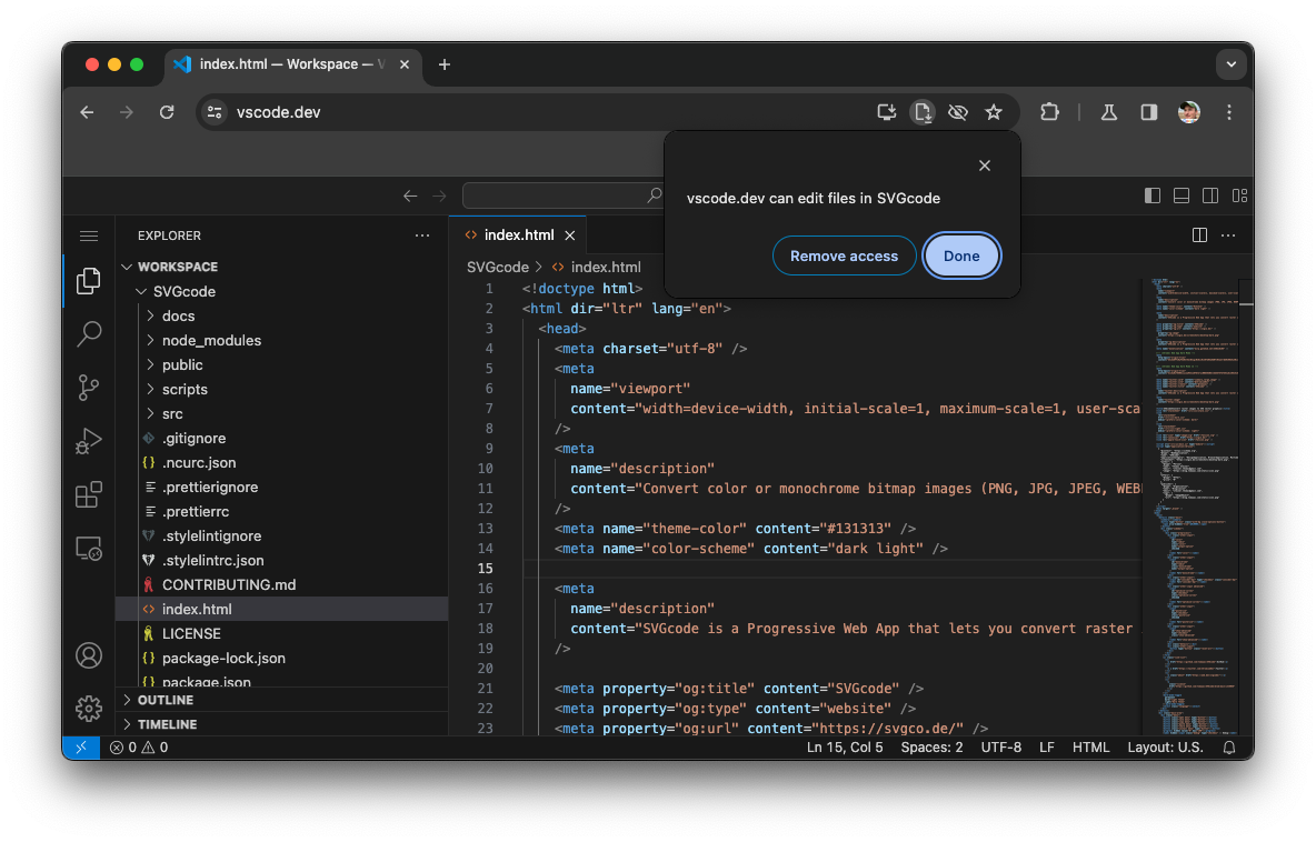 Visual Studio Code com solicitação de ícone na barra de endereço.