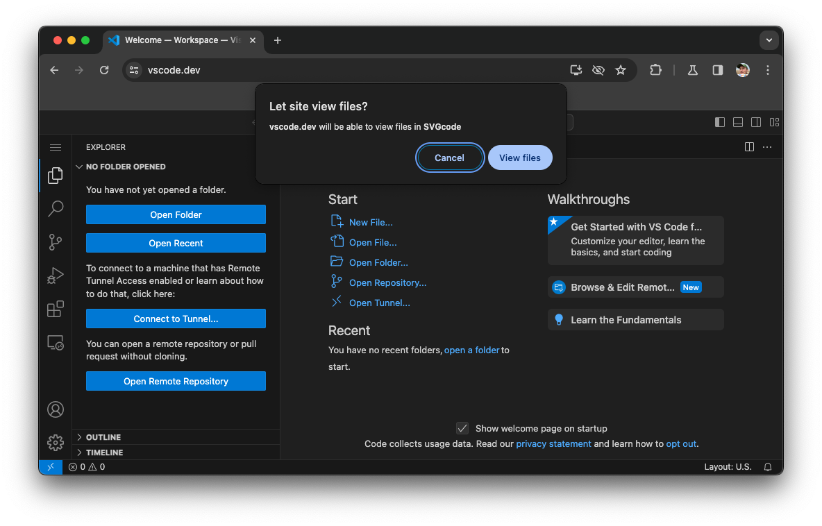 يطلب محرِّر Visual Studio Code إذن الوصول إلى المستند.