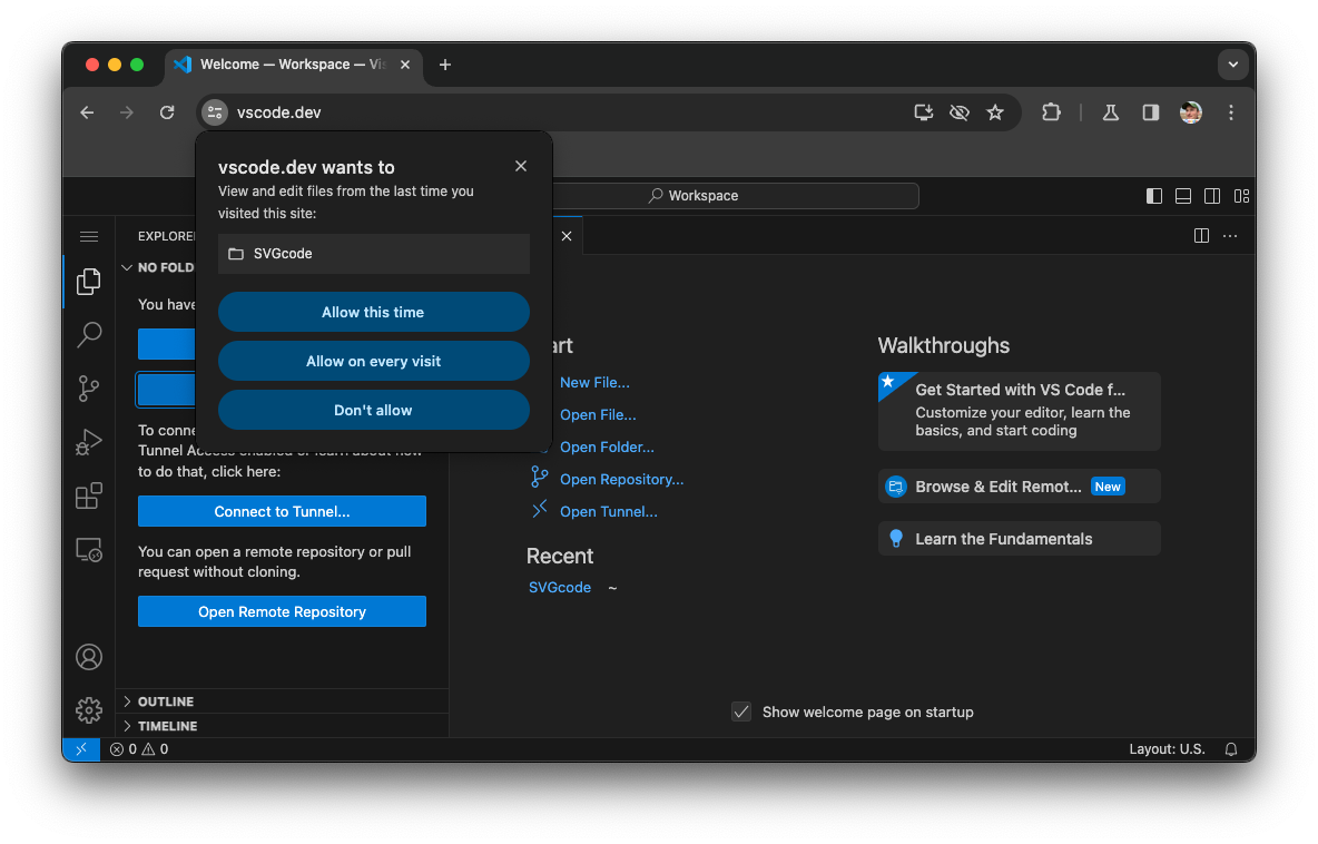 3방향 권한 프롬프트가 있는 Visual Studio Code