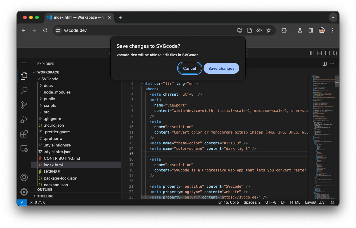 يطلب Visual Studio Code الحصول على الإذن بالتعديل.