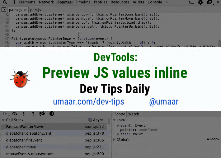 Preview JavaScript values inline while debugging