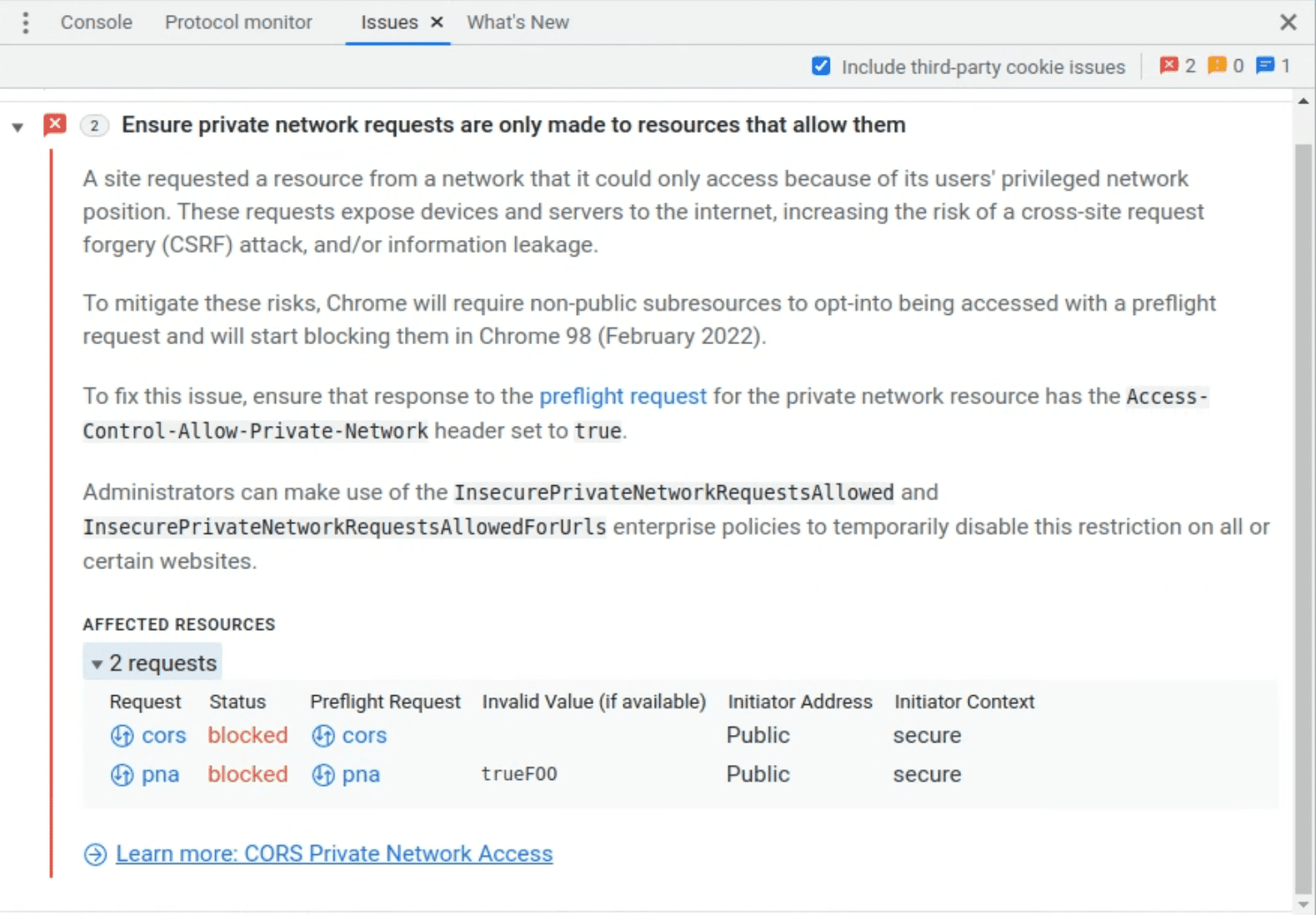 A failed preflight request warning in the Devtools Issues panel. This states:
   ensure private network requests are only made to resources that allow them,
   along with details about the specific request and listed affected resources.