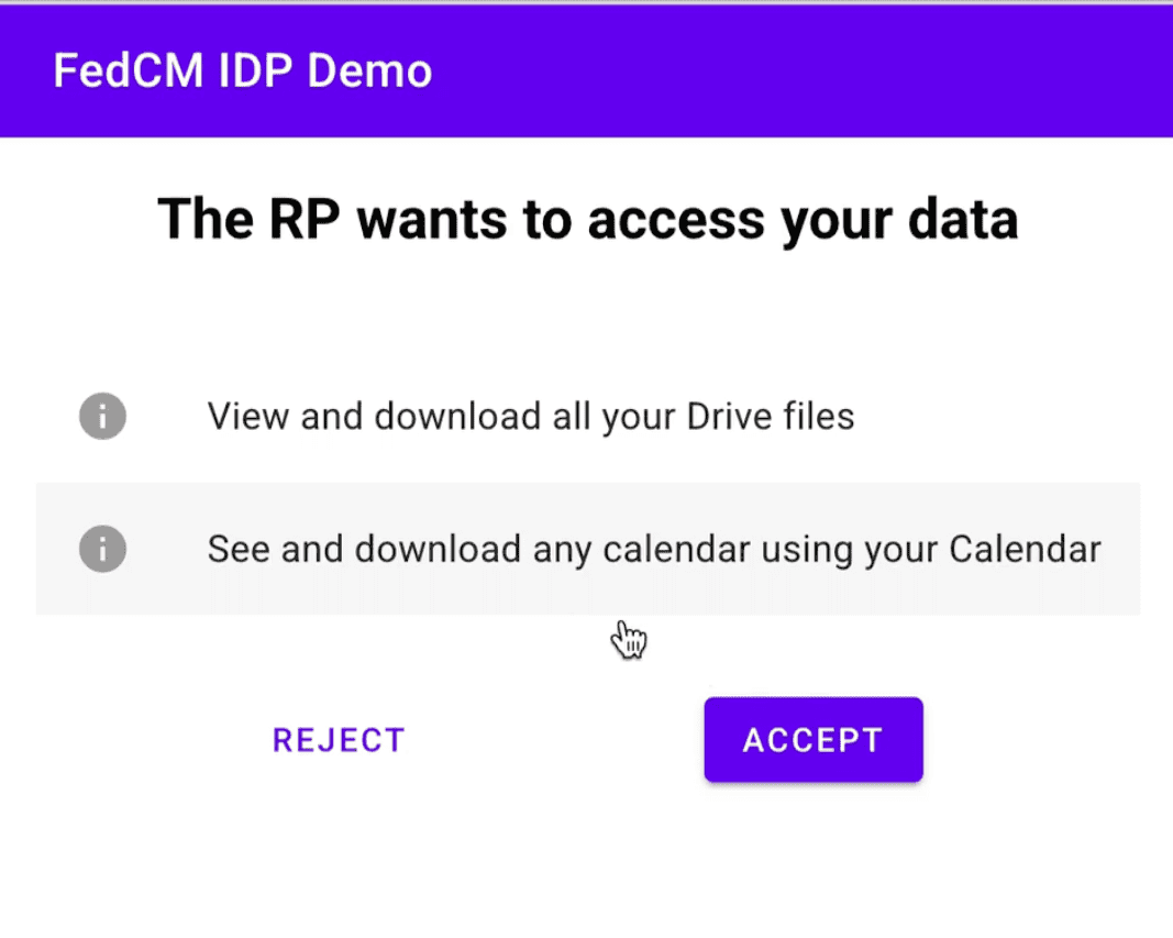 IdP ページ。ユーザーが FedCM 登録を続行するには、追加の権限（ドライブ ファイルやカレンダーの予定の表示やダウンロードなど）を付与する必要があることを示しています。