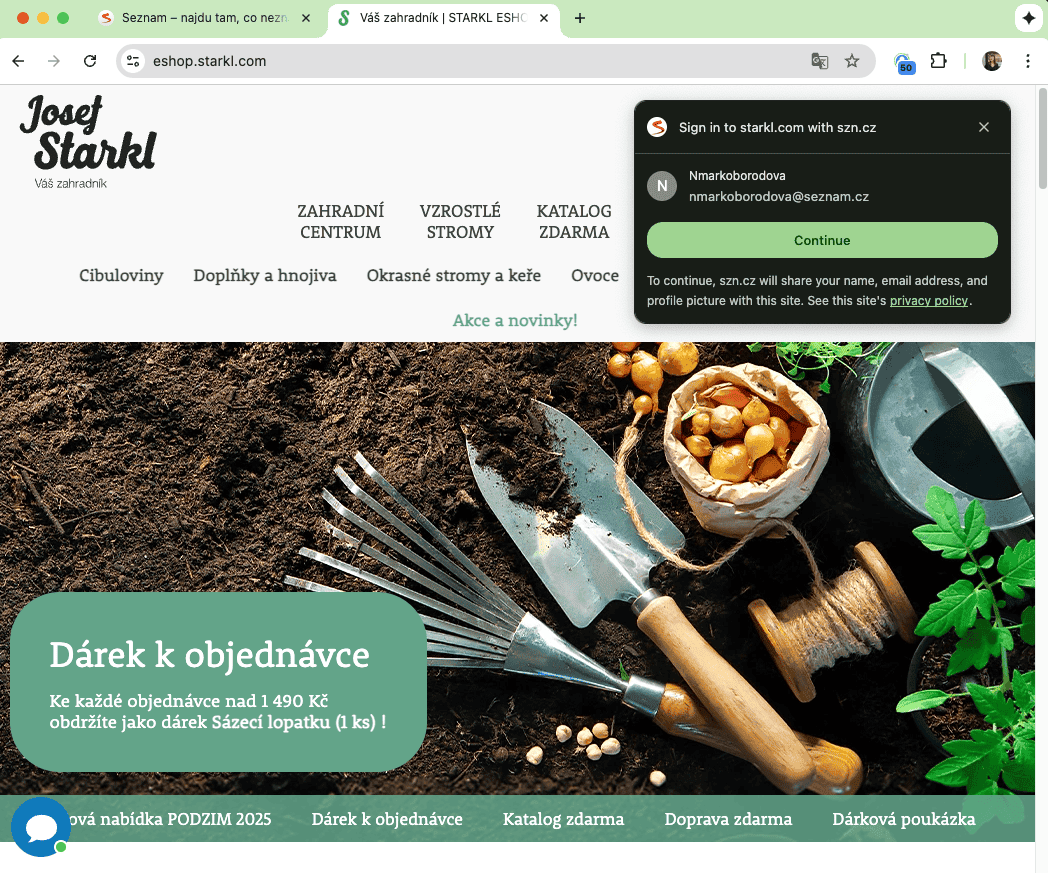 Dialog FedCM di eshop.starkl.com, yang meminta pengguna untuk login dengan akun Seznam mereka.